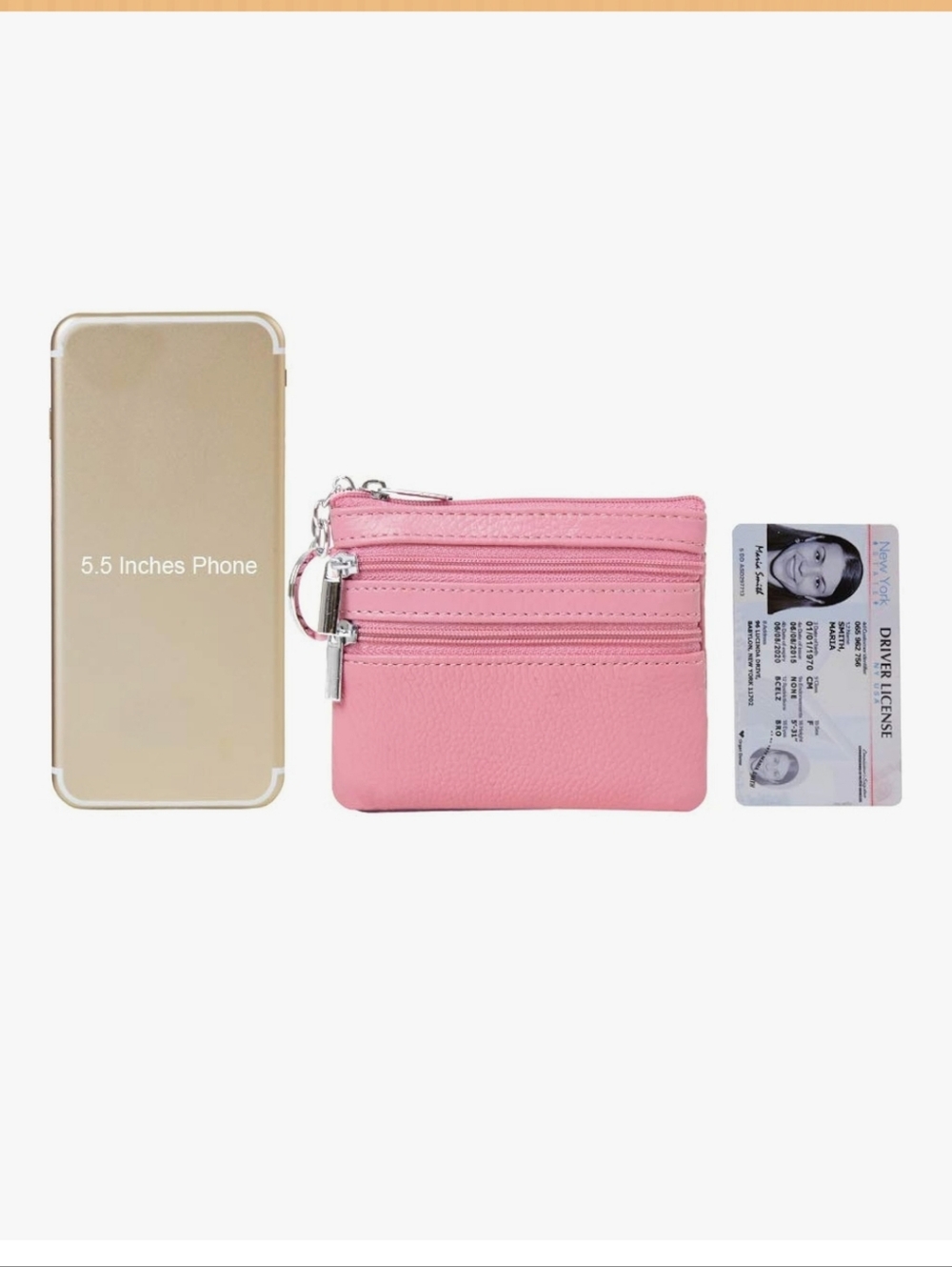 Pink Triple-Zip Genuine Leather Coin Pouch - Picture 6 of 6